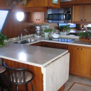 Updated Galley with Corian countertops and custom built 12v refrigerator