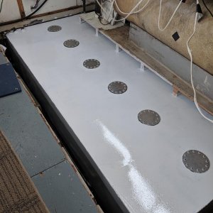 Refurbished port diesel fuel tank, 40" wide on top, 16" deep inner side, 96" long. Bottom tapers to about 6" on outboard side, holds 200 gallons. Dril