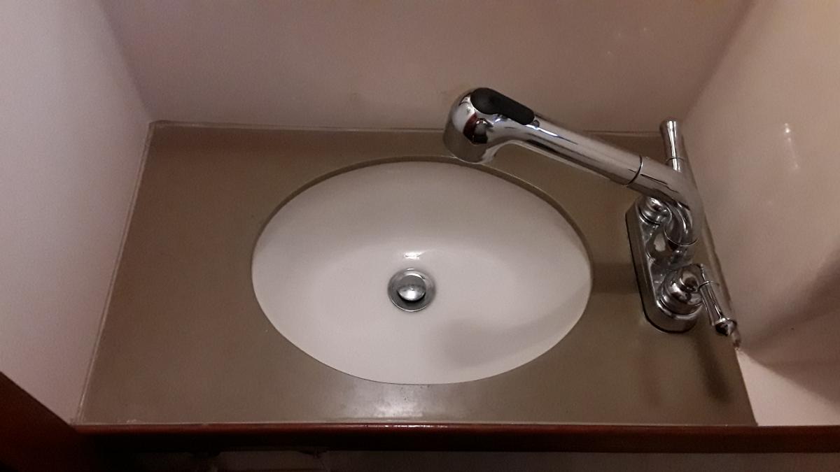 Corian countertop with undermount porcelain sink, pop-up plug, and removable shower head.