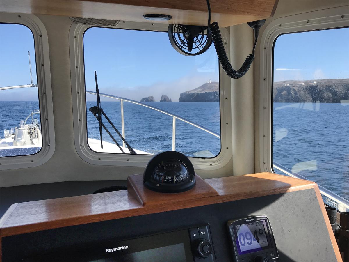 East end of Anacapa Island with fog rolling in.