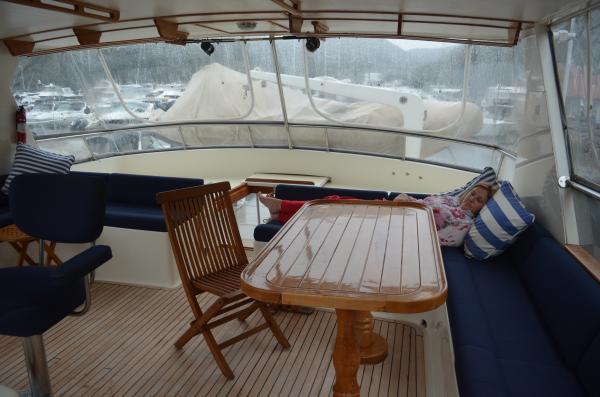 Fly bridge looking aft, tender just outside with davit.