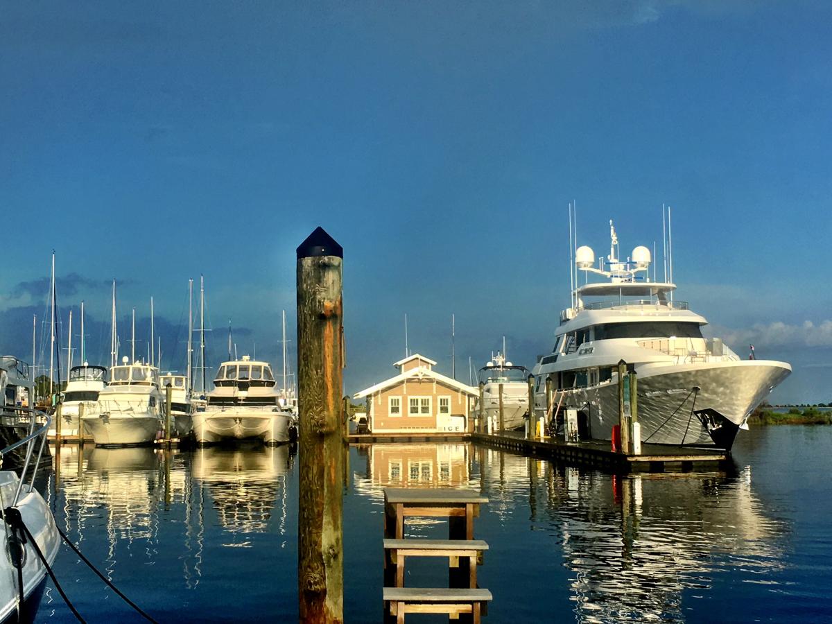 Illuminated by the sun setting on the Southport Marina NC