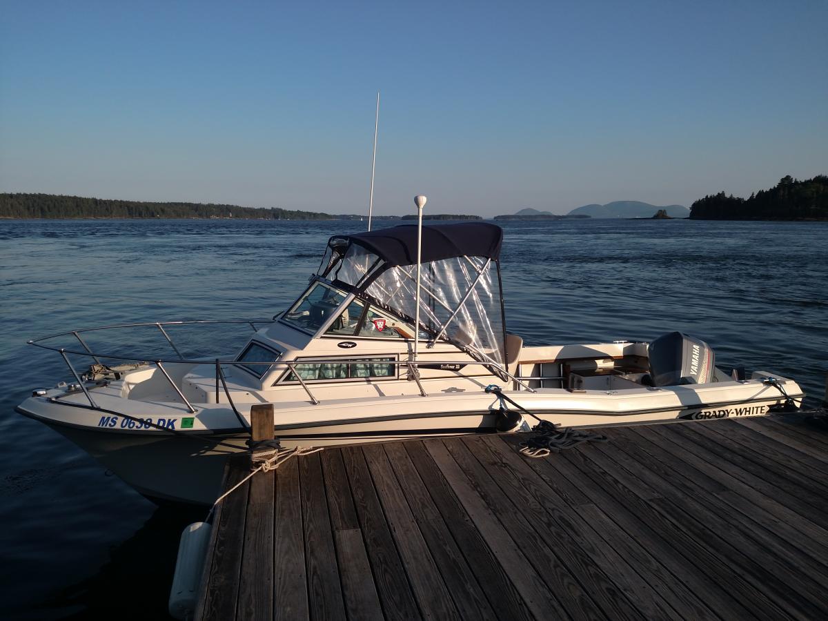 On the dock in Sullivan Maine overlooking Frenchmans day with MDI in the background