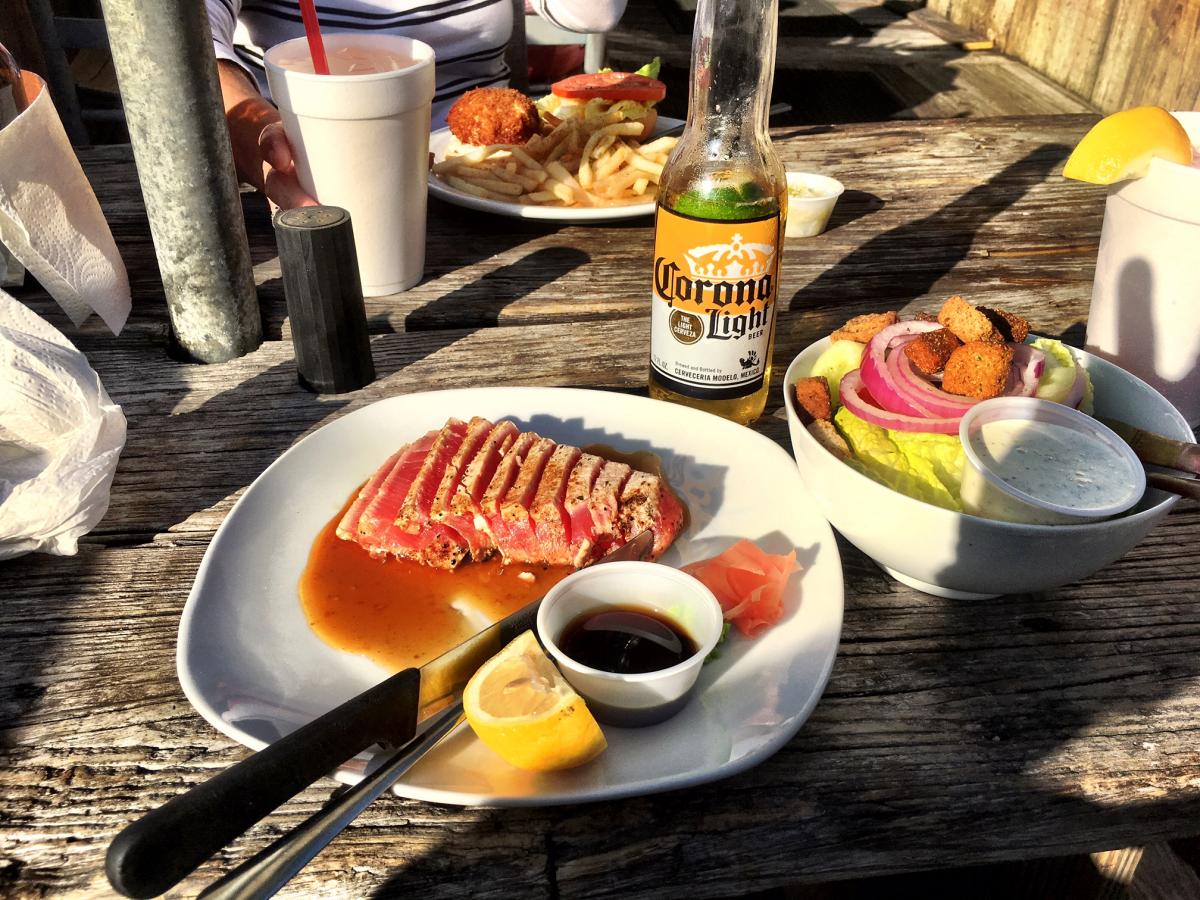 Seared tuna at the BIG TUNA, on the Harborwalk, Front Street, Georgetown, SC -- a 5-minute walk from the Harborwalk Marina.  Important to us, it's "do