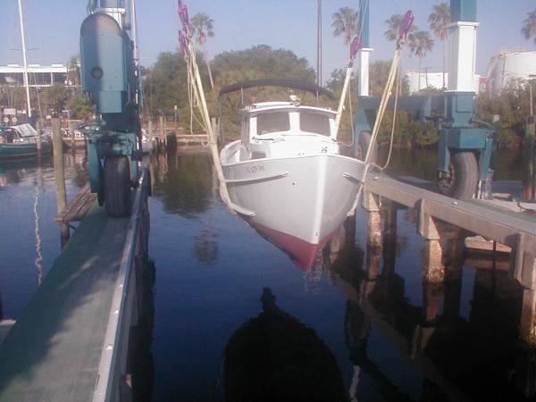 This photo shows off her well-designed, full displacement hull.  Her draft is a little over 3' fully loaded.