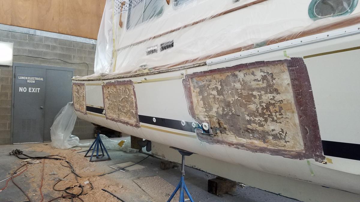 Three sections of the starboard side de-cored. Work is done in alternating sections in order to maintain Hull integrity and shape.