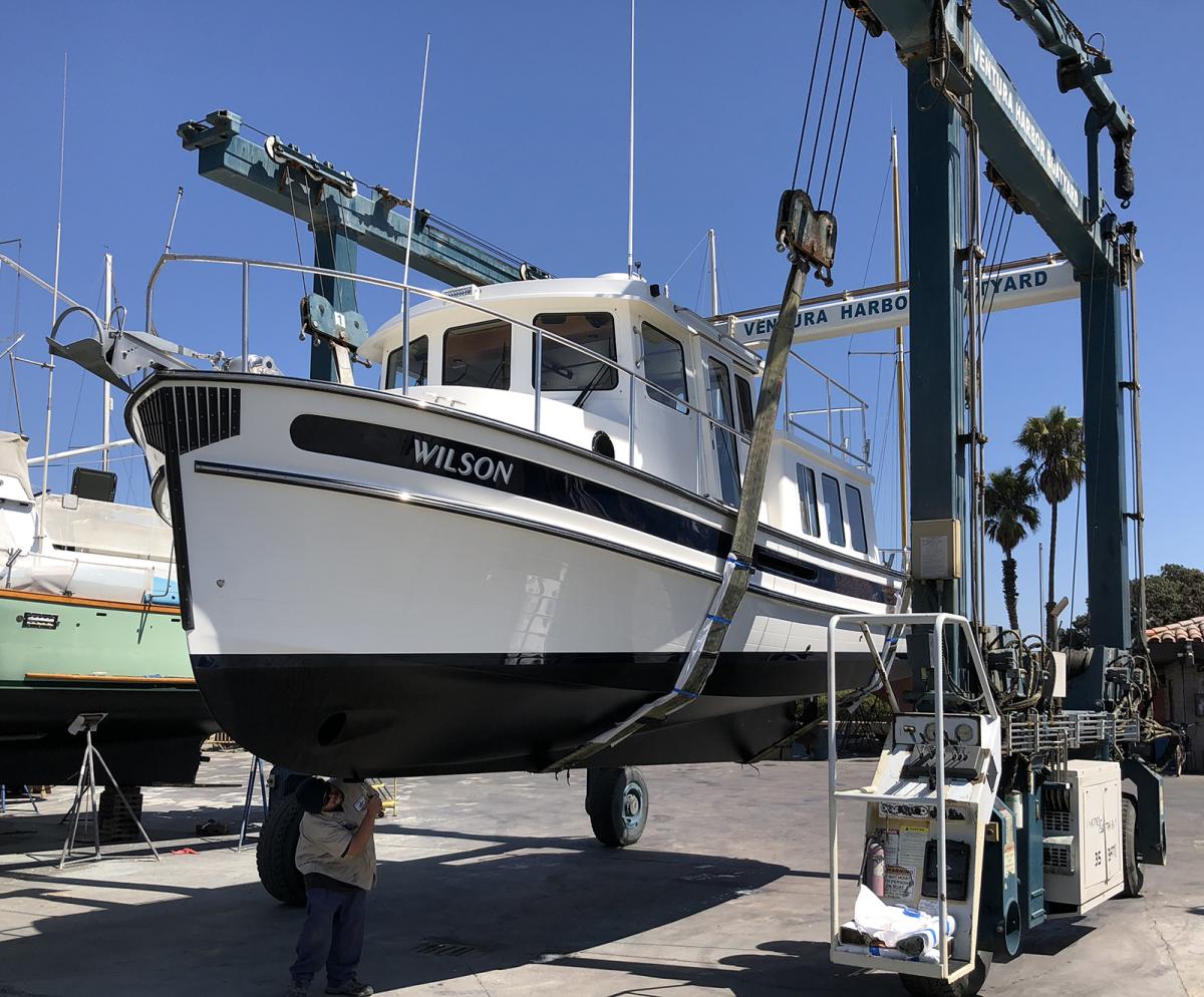 WILSON getting splashed after some quality mods at the Ventura Harbor Boat Yard.